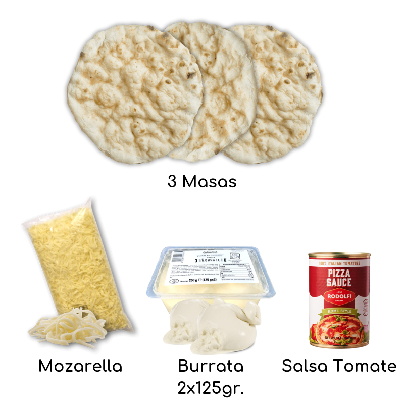 Pizza Kit con 3 Masas estiradas a mano, cocidas en piedra y de larga fermentación. 1 Pulpa de Tomate 400gr. 1 Mozzarella Granulada 360gr. 1 Burrata 2x125gr.